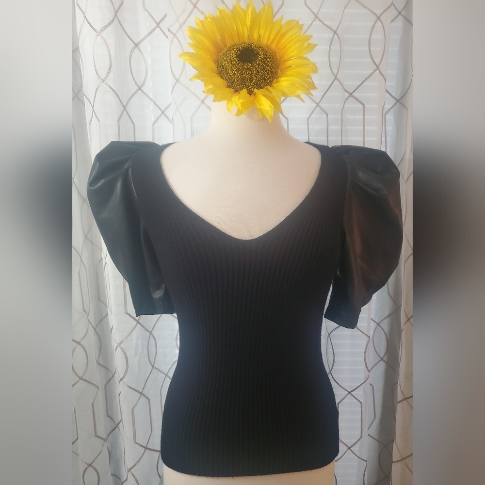 NWT Express Small Black ribbed top with faux leather balloon sleeves.